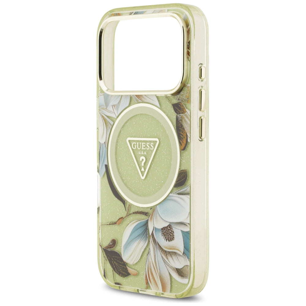MagSafe-skal för Apple iPhone 18 Pro Max / 17 Pro Max, Guess, IML Metal Glitter Flowers Triangle, grön
