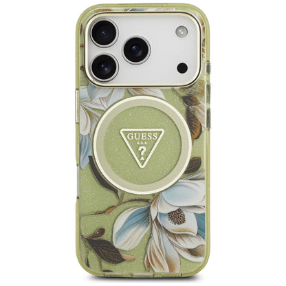 MagSafe-skal för Apple iPhone 18 Pro Max / 17 Pro Max, Guess, IML Metal Glitter Flowers Triangle, grön
