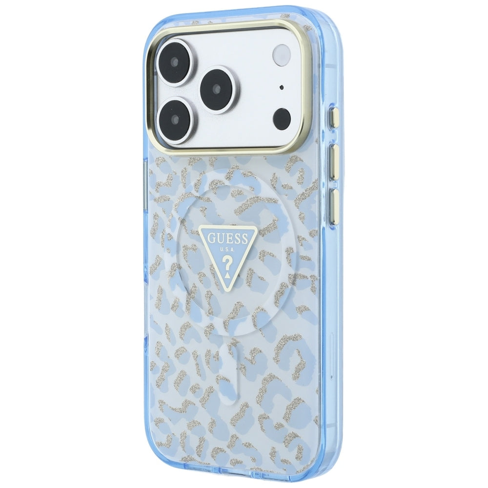 MagSafe-fodral för Apple iPhone 18 Pro Max / 17 Pro Max, Guess, Leopard Glitter Triangle Logo, Bleu