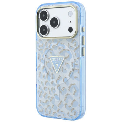 MagSafe-fodral för Apple iPhone 18 Pro Max / 17 Pro Max, Guess, Leopard Glitter Triangle Logo, Bleu