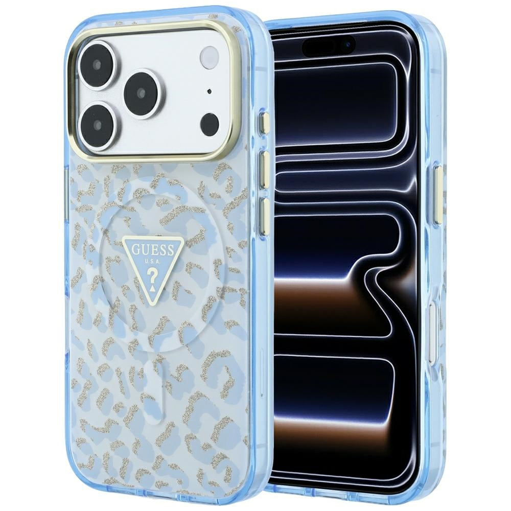 MagSafe-fodral för Apple iPhone 18 Pro Max / 17 Pro Max, Guess, Leopard Glitter Triangle Logo, Bleu