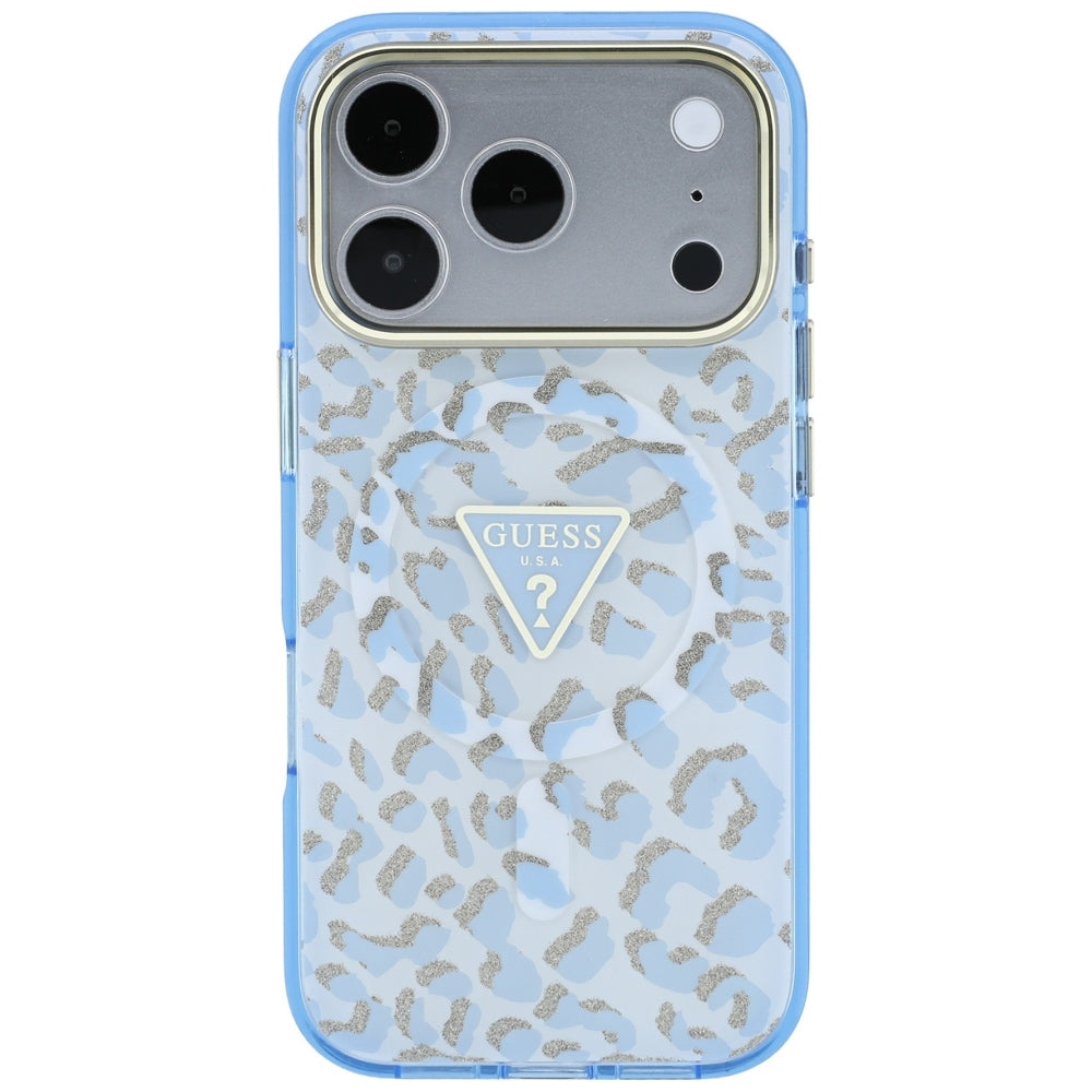 MagSafe-fodral för Apple iPhone 18 Pro Max / 17 Pro Max, Guess, Leopard Glitter Triangle Logo, Bleu