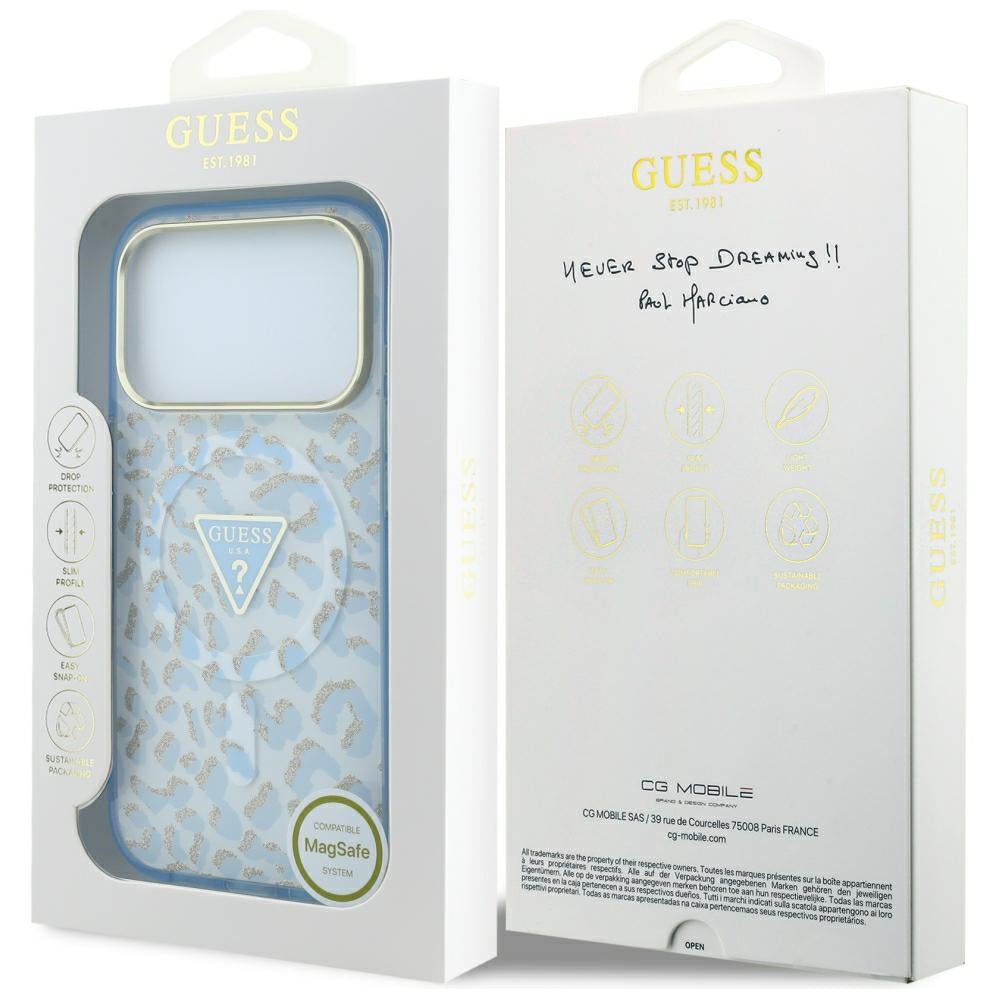 MagSafe-fodral för Apple iPhone 18 Pro Max / 17 Pro Max, Guess, Leopard Glitter Triangle Logo, Bleu