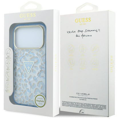 MagSafe-fodral för Apple iPhone 18 Pro Max / 17 Pro Max, Guess, Leopard Glitter Triangle Logo, Bleu