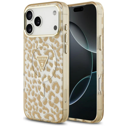MagSafe-fodral för Apple iPhone 18 Pro Max / 17 Pro Max, Guess, Leopard Glitter Triangle Logo, Brun