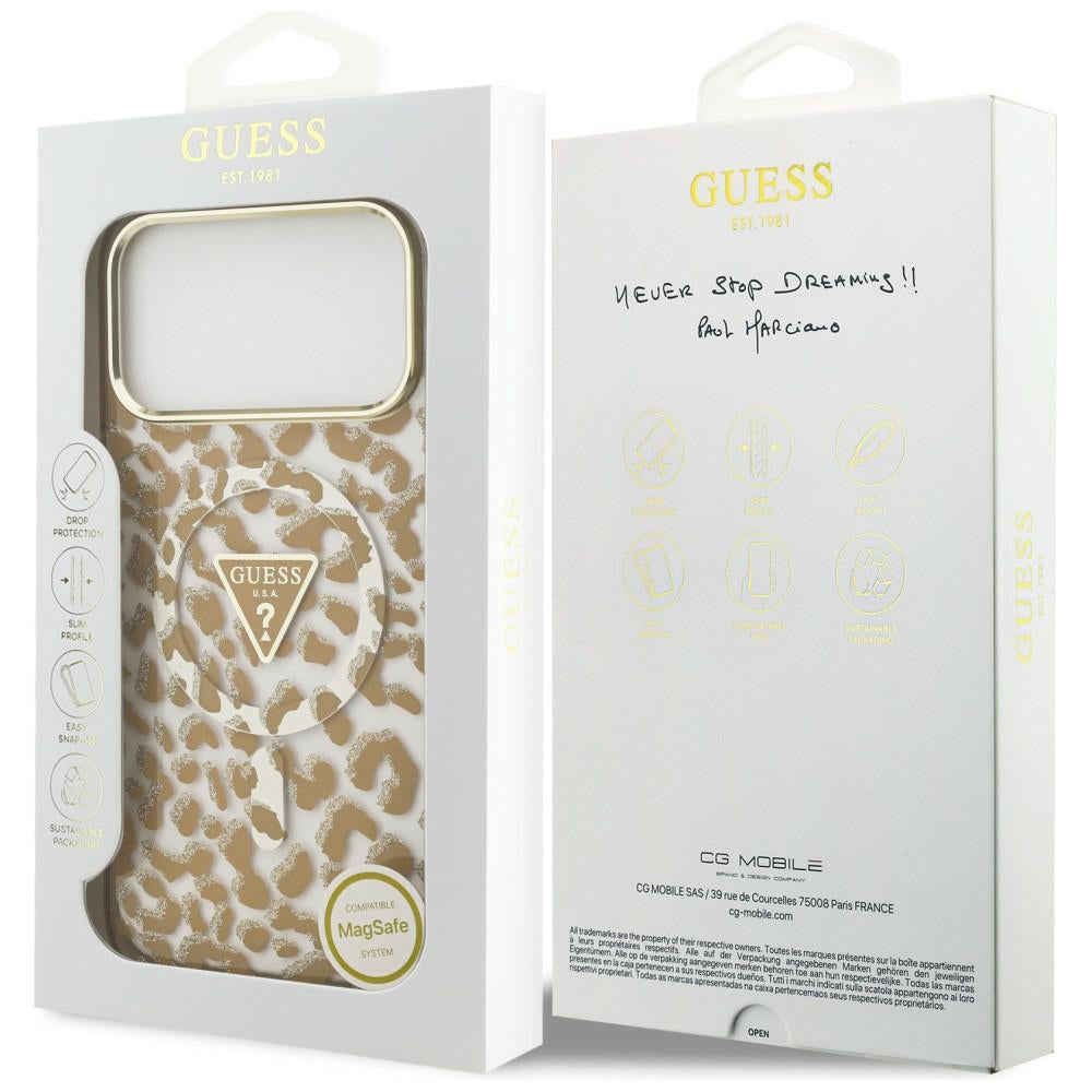 MagSafe-fodral för Apple iPhone 18 Pro Max / 17 Pro Max, Guess, Leopard Glitter Triangle Logo, Brun
