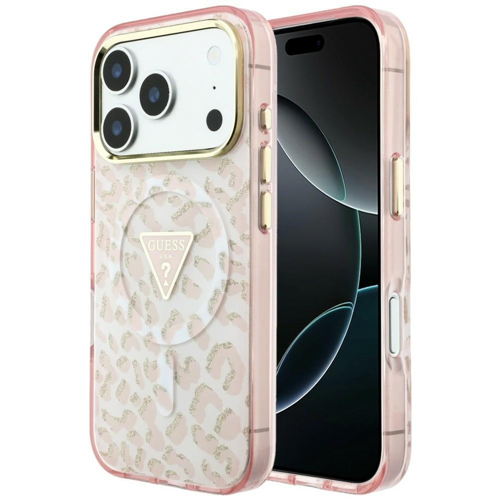 MagSafe-fodral för Apple iPhone 18 Pro Max / 17 Pro Max, Guess, Leopard Glitter Triangle Logo, Rosa