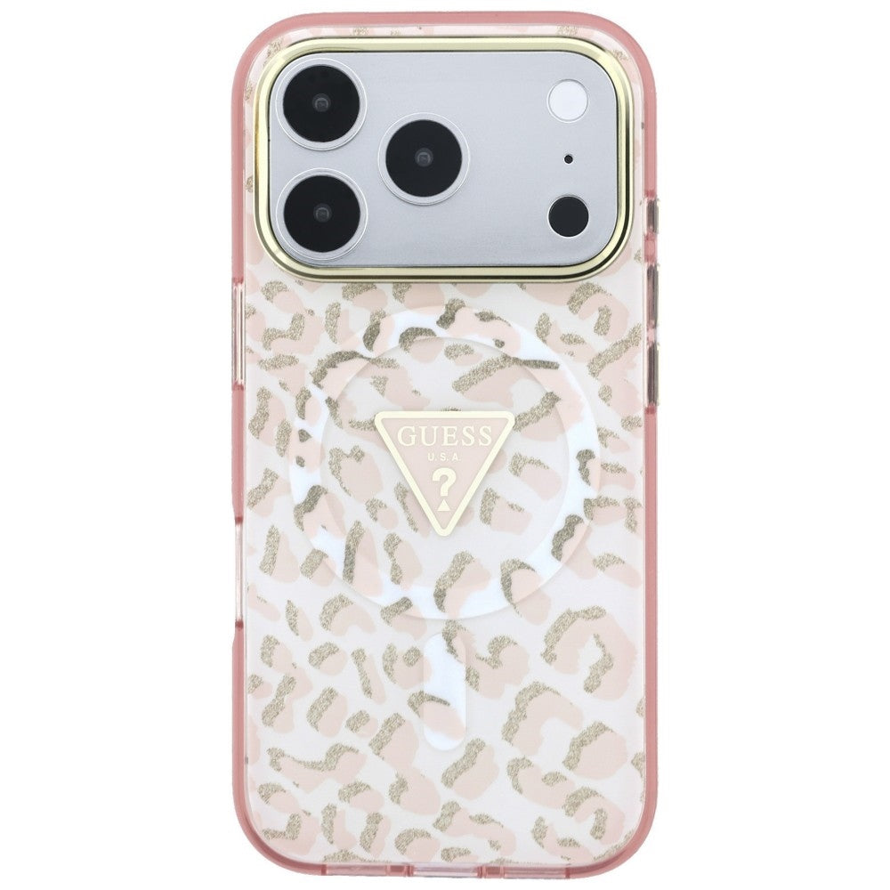 MagSafe-fodral för Apple iPhone 18 Pro Max / 17 Pro Max, Guess, Leopard Glitter Triangle Logo, Rosa