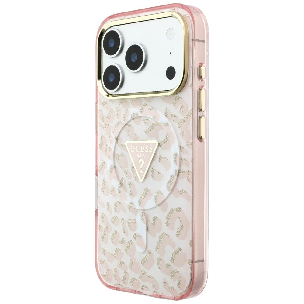MagSafe-fodral för Apple iPhone 18 Pro Max / 17 Pro Max, Guess, Leopard Glitter Triangle Logo, Rosa