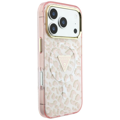 MagSafe-fodral för Apple iPhone 18 Pro Max / 17 Pro Max, Guess, Leopard Glitter Triangle Logo, Rosa