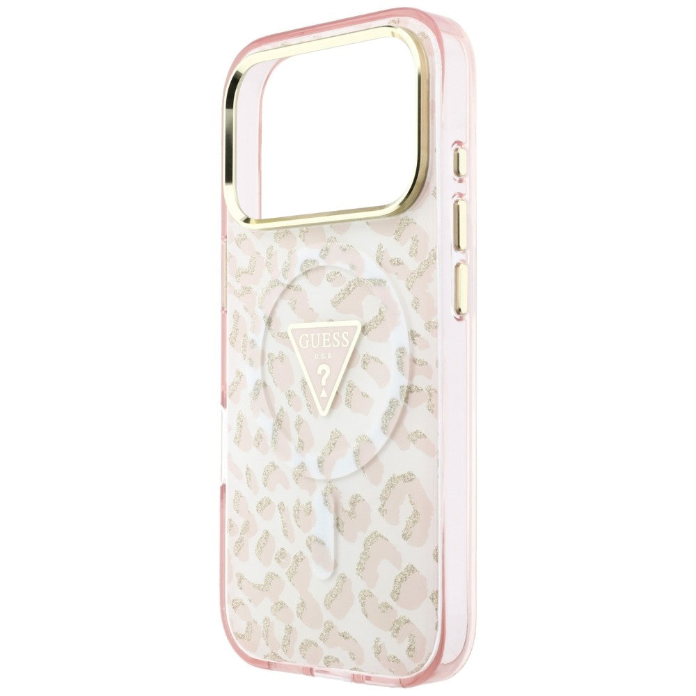 MagSafe-fodral för Apple iPhone 18 Pro Max / 17 Pro Max, Guess, Leopard Glitter Triangle Logo, Rosa