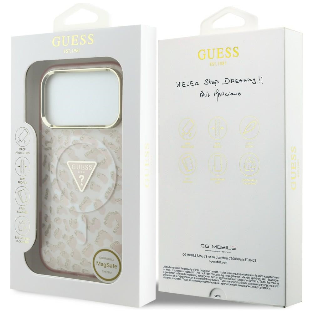 MagSafe-fodral för Apple iPhone 18 Pro Max / 17 Pro Max, Guess, Leopard Glitter Triangle Logo, Rosa