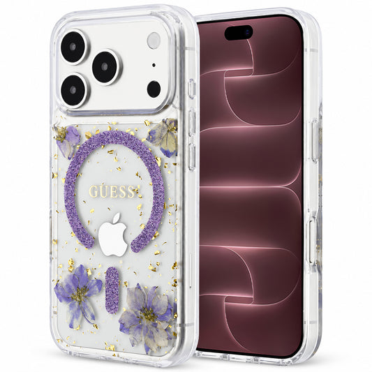 MagSafe-fodral för Apple iPhone 18 Pro Max / 17 Pro Max, Guess, Resin Flowers and Glitter, Lila