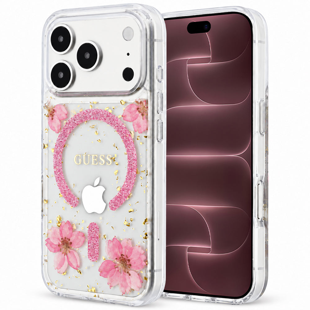 MagSafe-skal för Apple iPhone 18 Pro Max / 17 Pro Max, Guess, Resin Flowers and Glitter, rosa