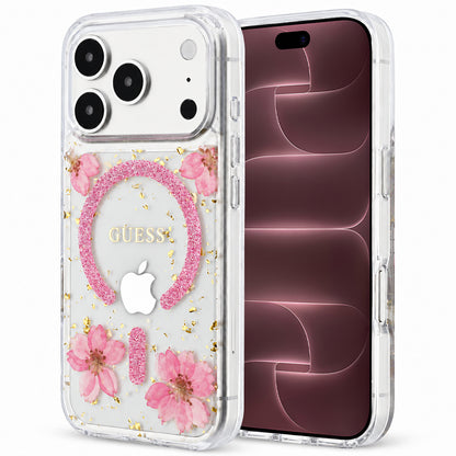 MagSafe-skal för Apple iPhone 18 Pro Max / 17 Pro Max, Guess, Resin Flowers and Glitter, rosa