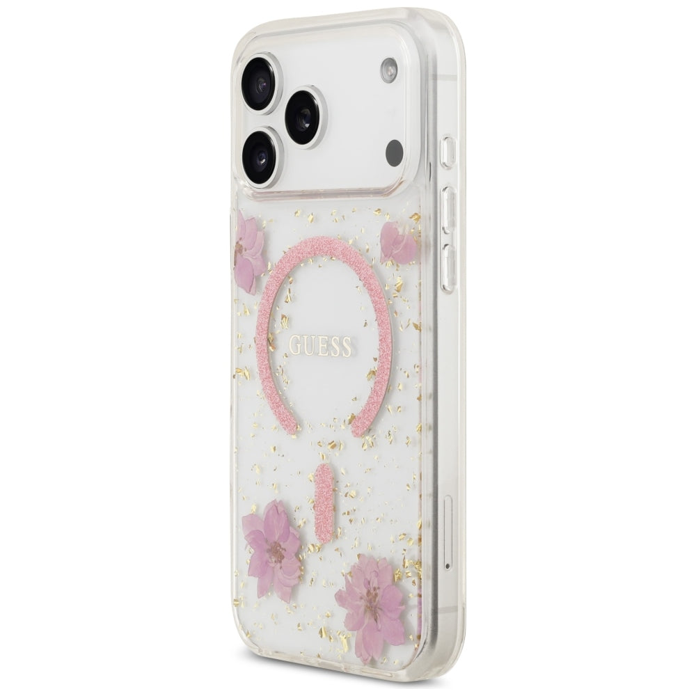 MagSafe-skal för Apple iPhone 18 Pro Max / 17 Pro Max, Guess, Resin Flowers and Glitter, rosa