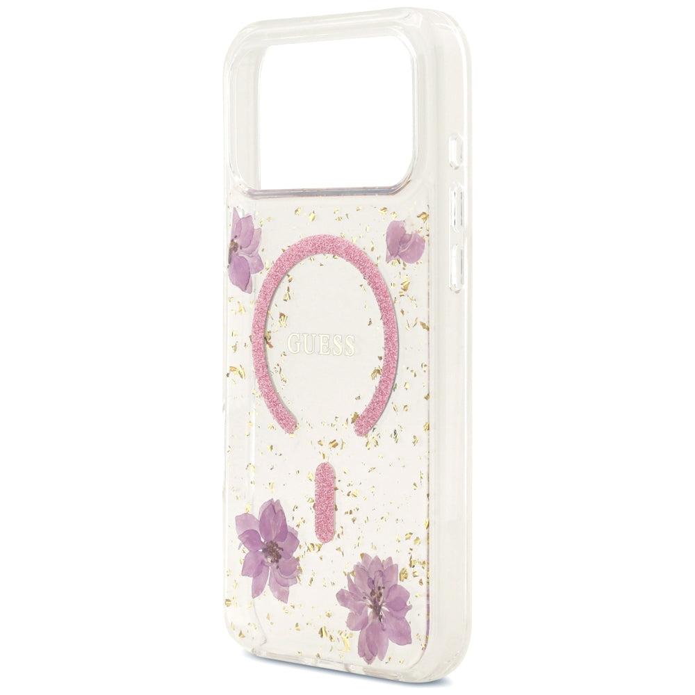 MagSafe-skal för Apple iPhone 18 Pro Max / 17 Pro Max, Guess, Resin Flowers and Glitter, rosa