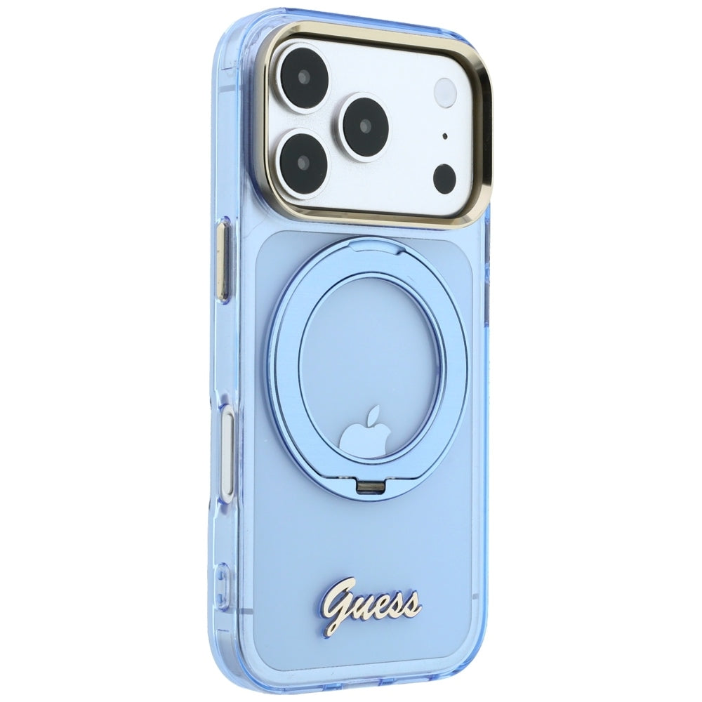 MagSafe-fodral för Apple iPhone 18 Pro Max / 17 Pro Max, Guess, Ring Stand Script Metal Logo, Bleu