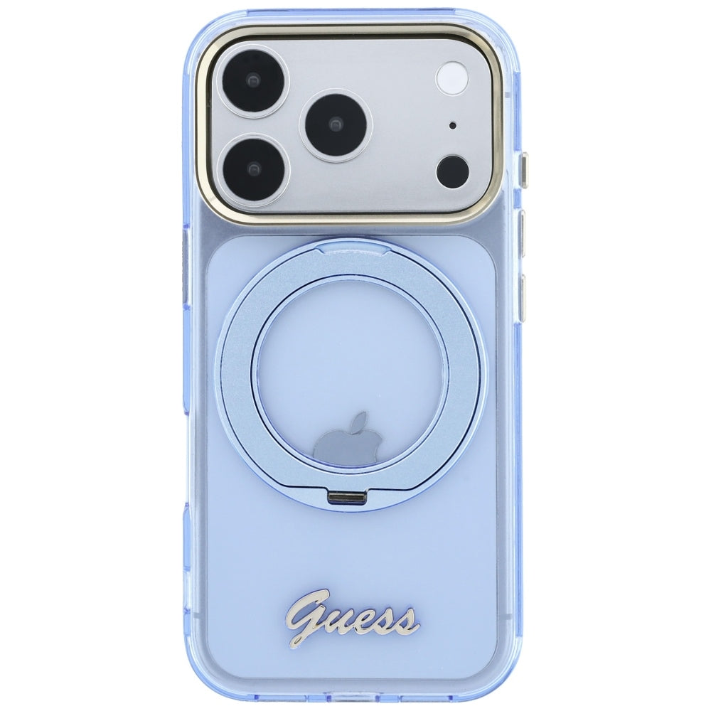 MagSafe-fodral för Apple iPhone 18 Pro Max / 17 Pro Max, Guess, Ring Stand Script Metal Logo, Bleu