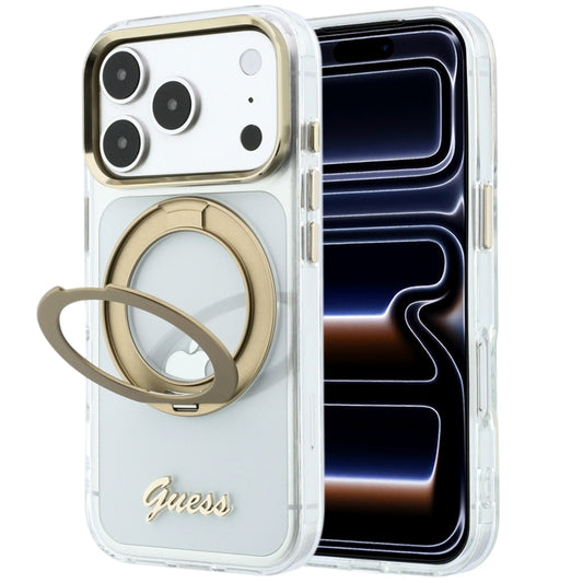 MagSafe-fodral för Apple iPhone 18 Pro Max / 17 Pro Max, Guess, Ring Stand Script Metal Logo, Transparent