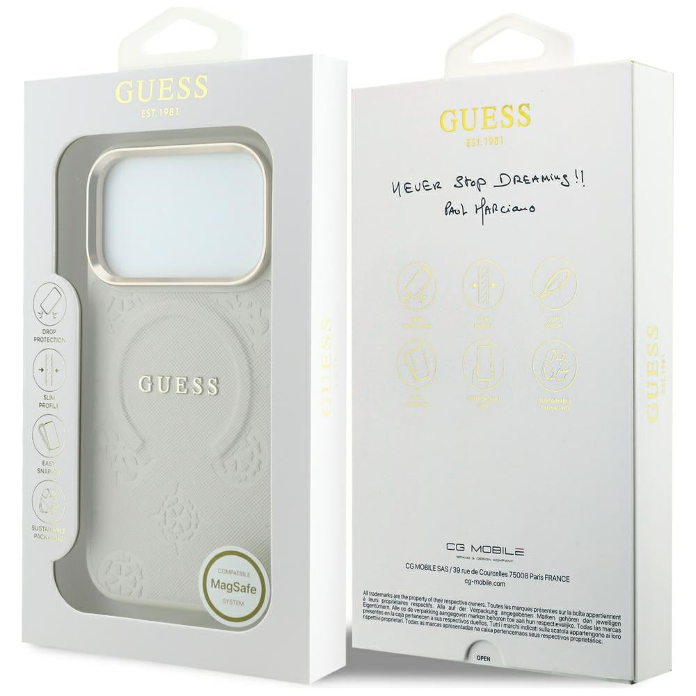 MagSafe-fodral för Apple iPhone 18 Pro Max / 17 Pro Max, Guess, Saffiano Peony Hot Stamp, Beige