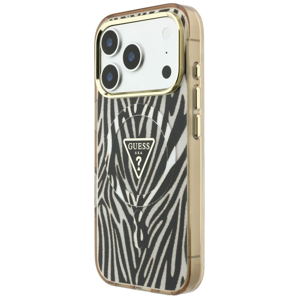 MagSafe-fodral för Apple iPhone 18 Pro Max / 17 Pro Max, Guess, Zebra Glitter Triangle Logo, Guld