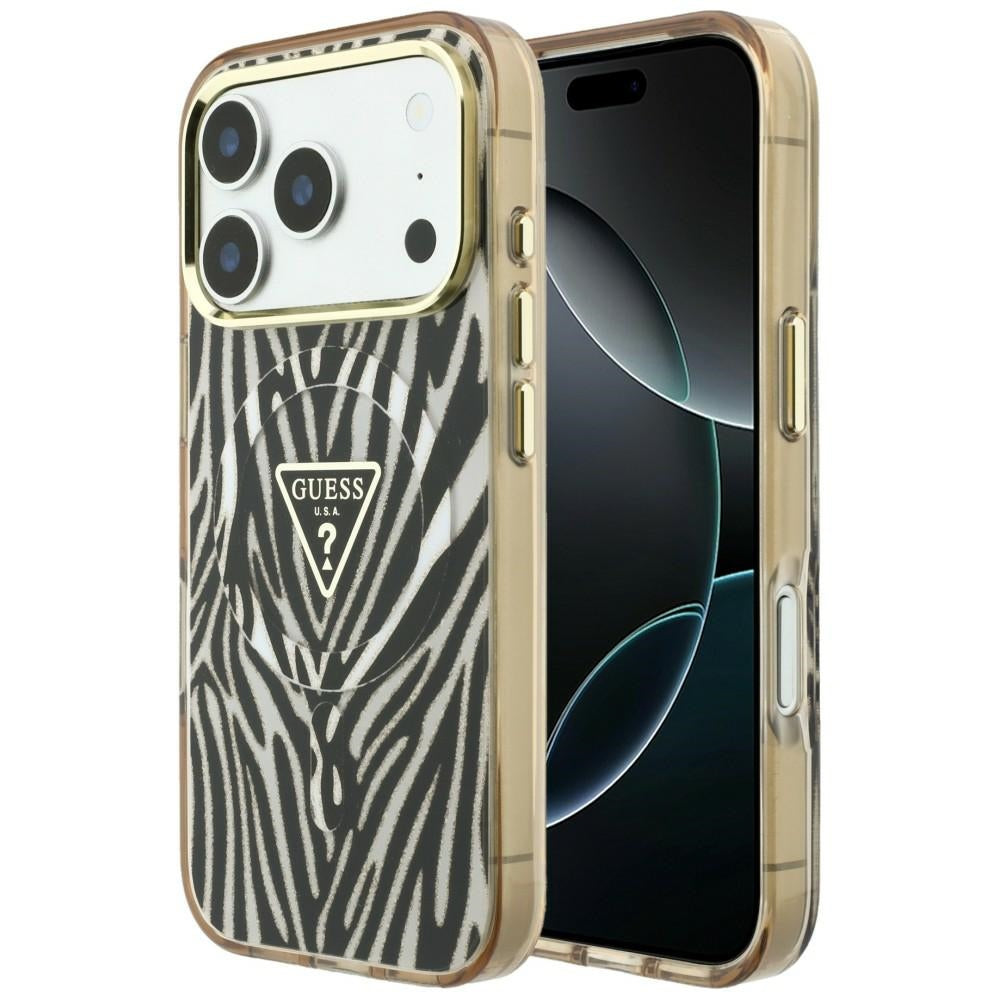 MagSafe-fodral för Apple iPhone 18 Pro Max / 17 Pro Max, Guess, Zebra Glitter Triangle Logo, Guld