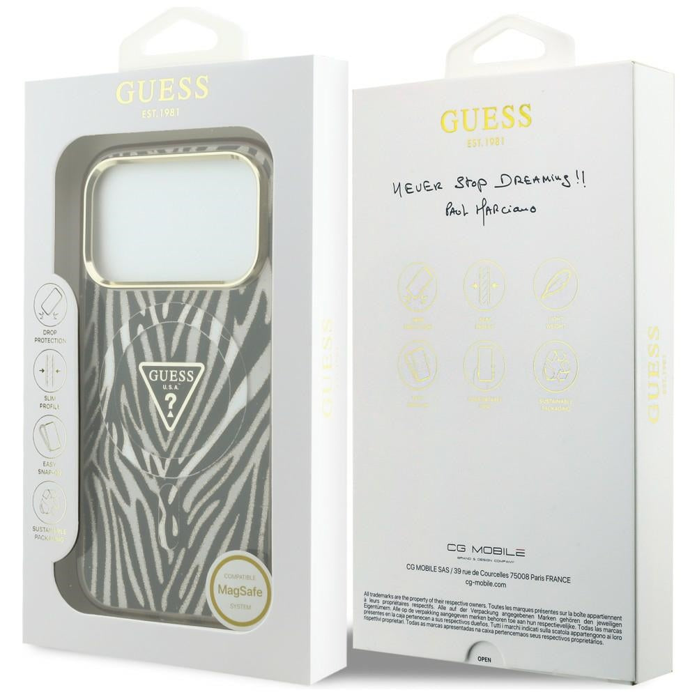 MagSafe-fodral för Apple iPhone 18 Pro Max / 17 Pro Max, Guess, Zebra Glitter Triangle Logo, Guld