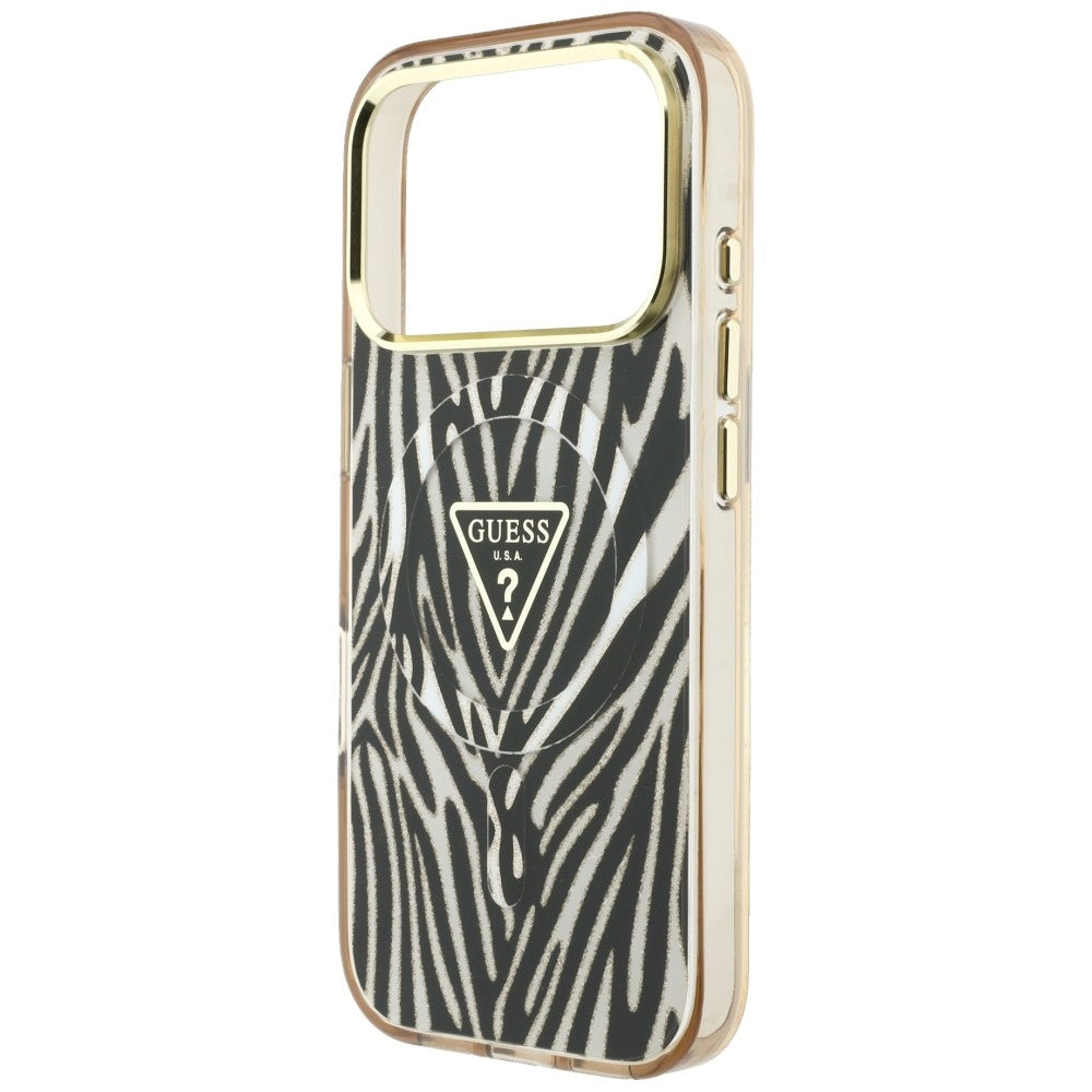 MagSafe-fodral för Apple iPhone 18 Pro Max / 17 Pro Max, Guess, Zebra Glitter Triangle Logo, Guld