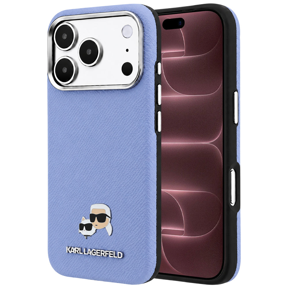 MagSafe-fodral för Apple iPhone 18 Pro Max / 17 Pro Max, Karl Lagerfeld, Grained Karl & Choupette Head's Metal, Bleu