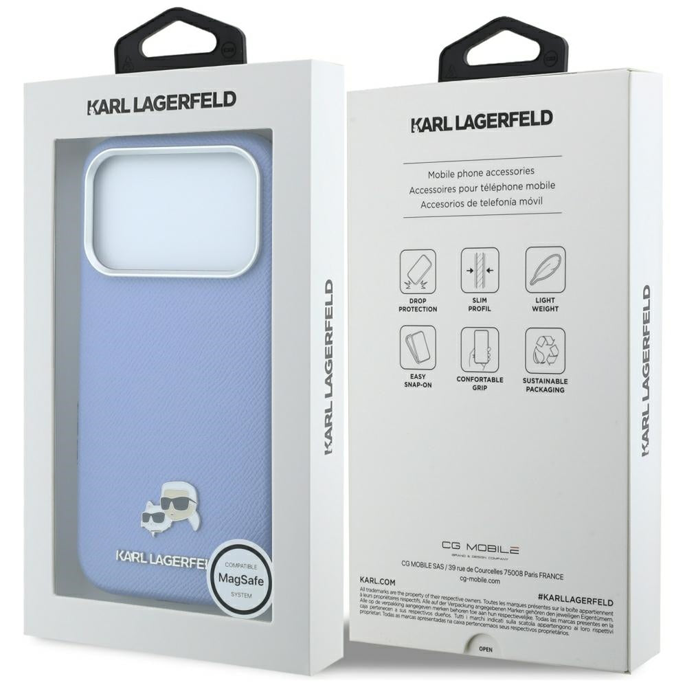 MagSafe-fodral för Apple iPhone 18 Pro Max / 17 Pro Max, Karl Lagerfeld, Grained Karl & Choupette Head's Metal, Bleu