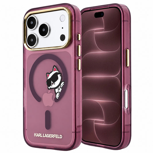 MagSafe-fodral för Apple iPhone 18 Pro Max / 17 Pro Max, Karl Lagerfeld, IML Peekaboo Print och metallram, vinröd