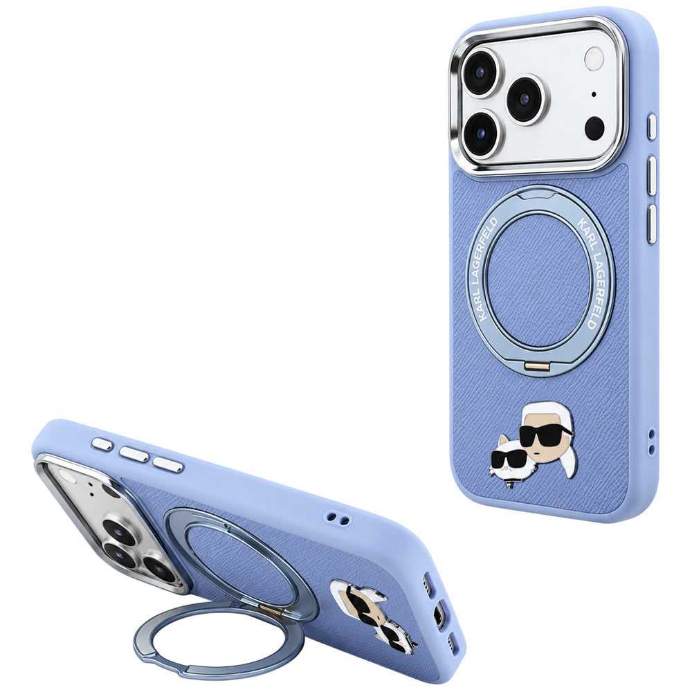 MagSafe Case for Apple iPhone 18 Pro Max / 17 Pro Max, Karl Lagerfeld, Ring Stand 360 Karl & Choupette Pin, Blue