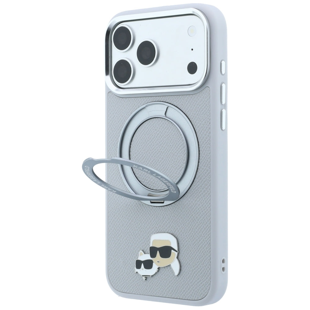 MagSafe-skal för Apple iPhone 18 Pro Max / 17 Pro Max, Karl Lagerfeld, Ring Stand 360 Karl & Choupette Pin, grå