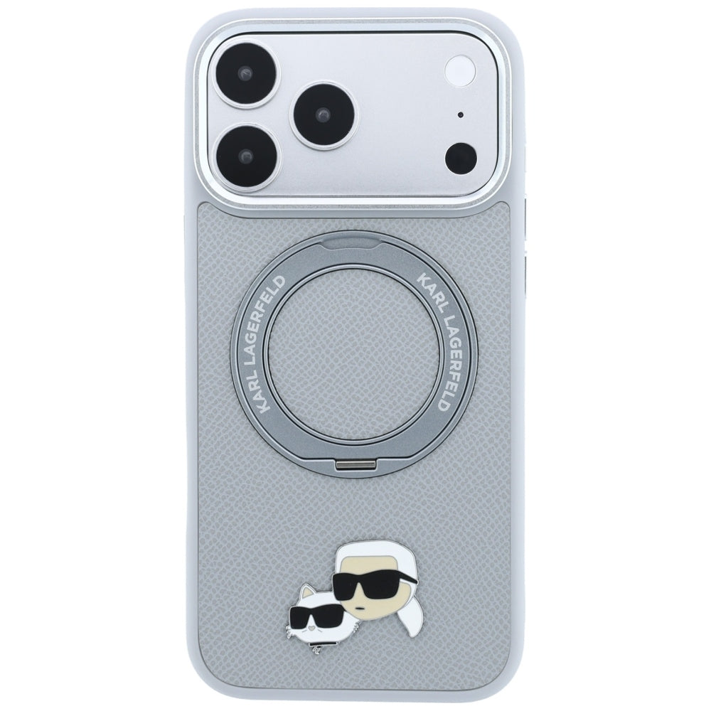 MagSafe-skal för Apple iPhone 18 Pro Max / 17 Pro Max, Karl Lagerfeld, Ring Stand 360 Karl & Choupette Pin, grå