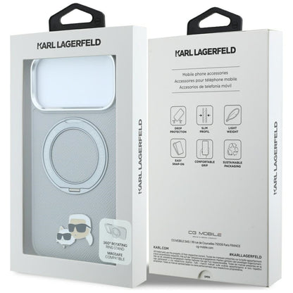 MagSafe-skal för Apple iPhone 18 Pro Max / 17 Pro Max, Karl Lagerfeld, Ring Stand 360 Karl & Choupette Pin, grå