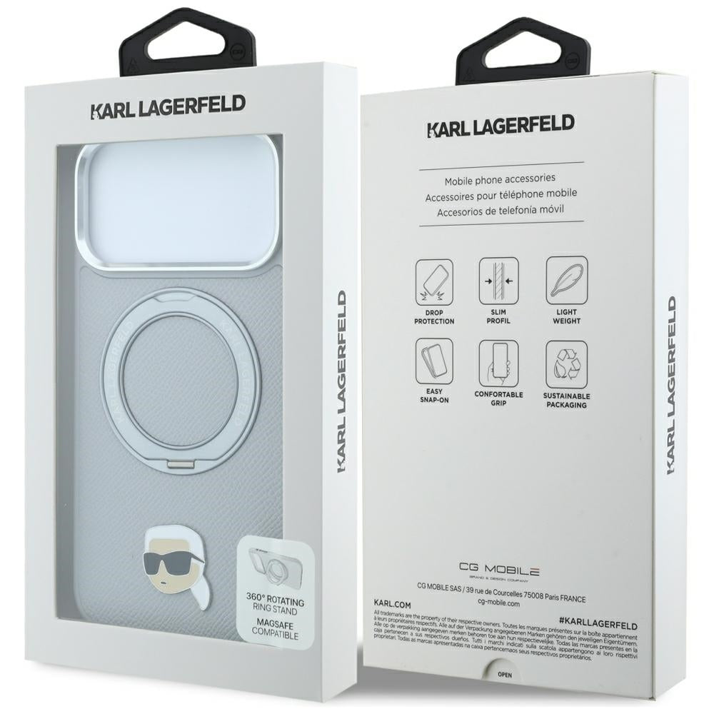 MagSafe-skal för Apple iPhone 18 Pro Max / 17 Pro Max, Karl Lagerfeld, Ring Stand 360 Karl Pin, grå