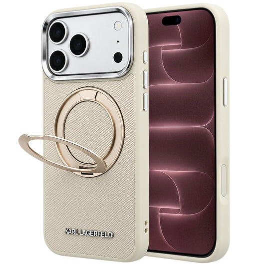 MagSafe-skal för Apple iPhone 18 Pro Max / 17 Pro Max, Karl Lagerfeld, Ring Stand 360 Saffiano, beige