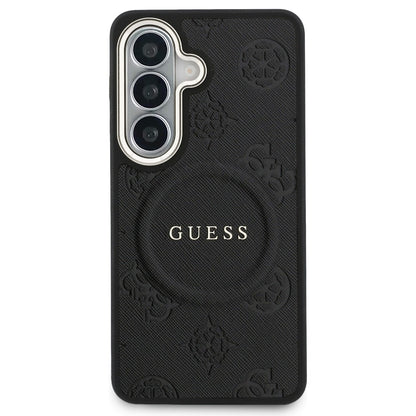 MagSafe-fodral för Samsung Galaxy S26 S942, Guess, Saffiano Peony Embossed Ring, Svart
