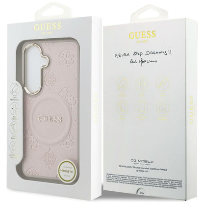 MagSafe-fodral för Samsung Galaxy S26 S942, Guess, Saffiano Peony Embossed Ring, Rosa