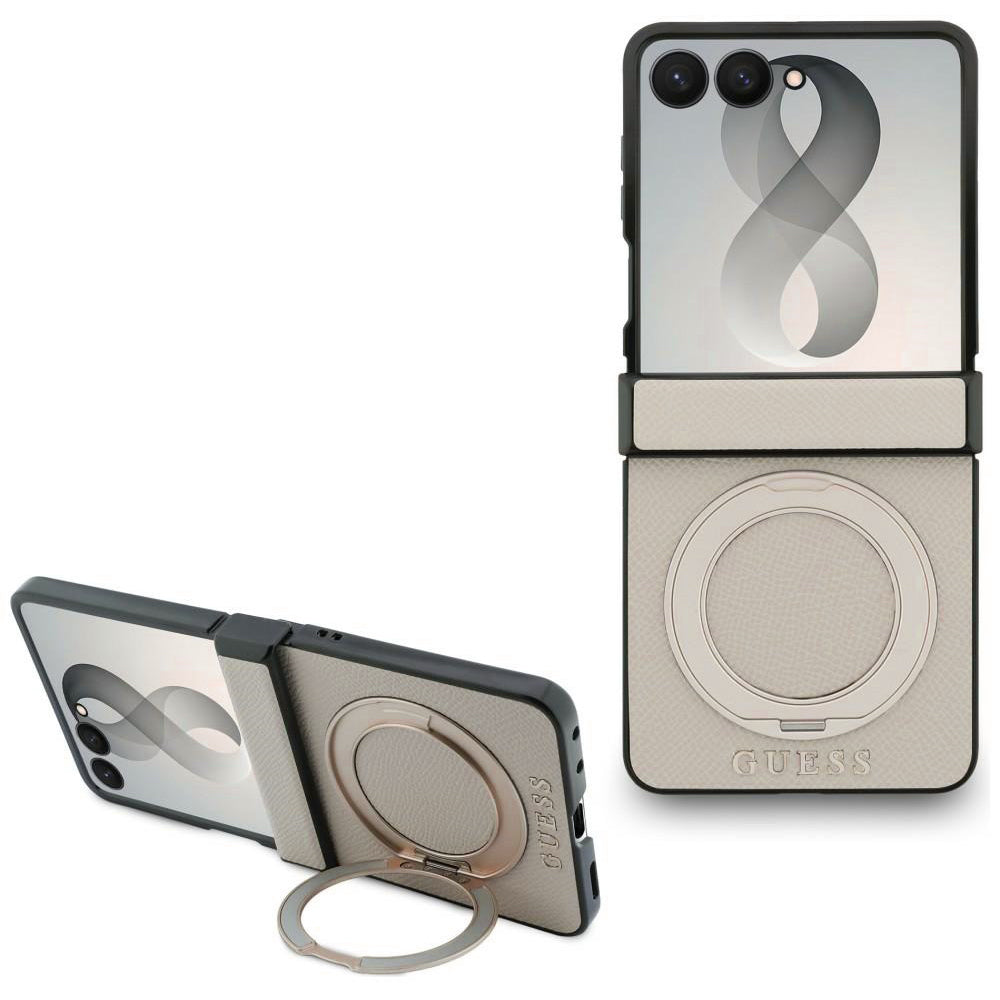 MagSafe-fodral för Samsung Galaxy Z Flip8 F776, Guess, Ring Stand Grained Classic Logo, Beige