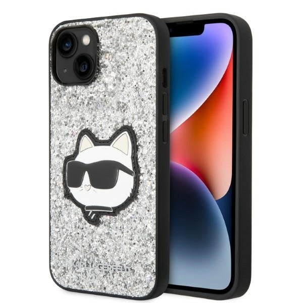 Fodral för Apple iPhone 14, Karl Lagerfeld, Glitter Choupette Patch, Silver