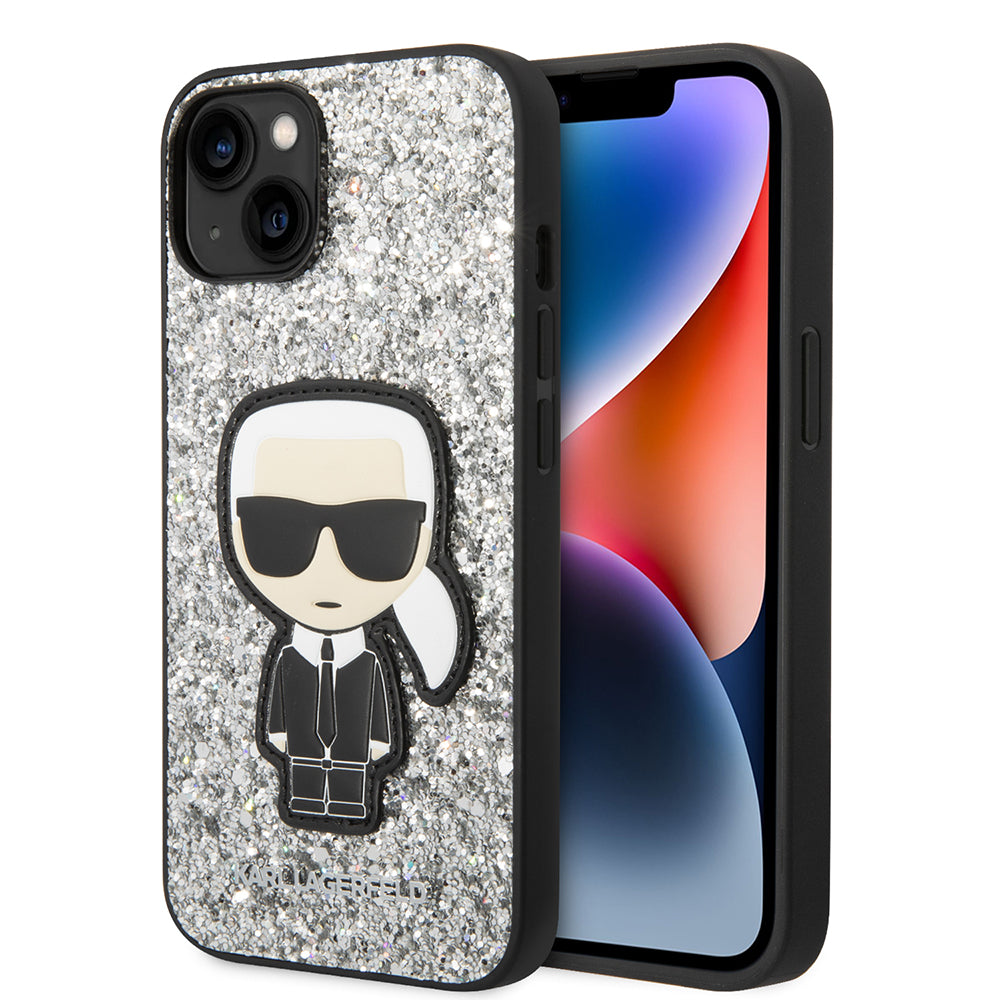 Fodral för Apple iPhone 14, Karl Lagerfeld, Glitter Flakes Ikonik Karl, Silver