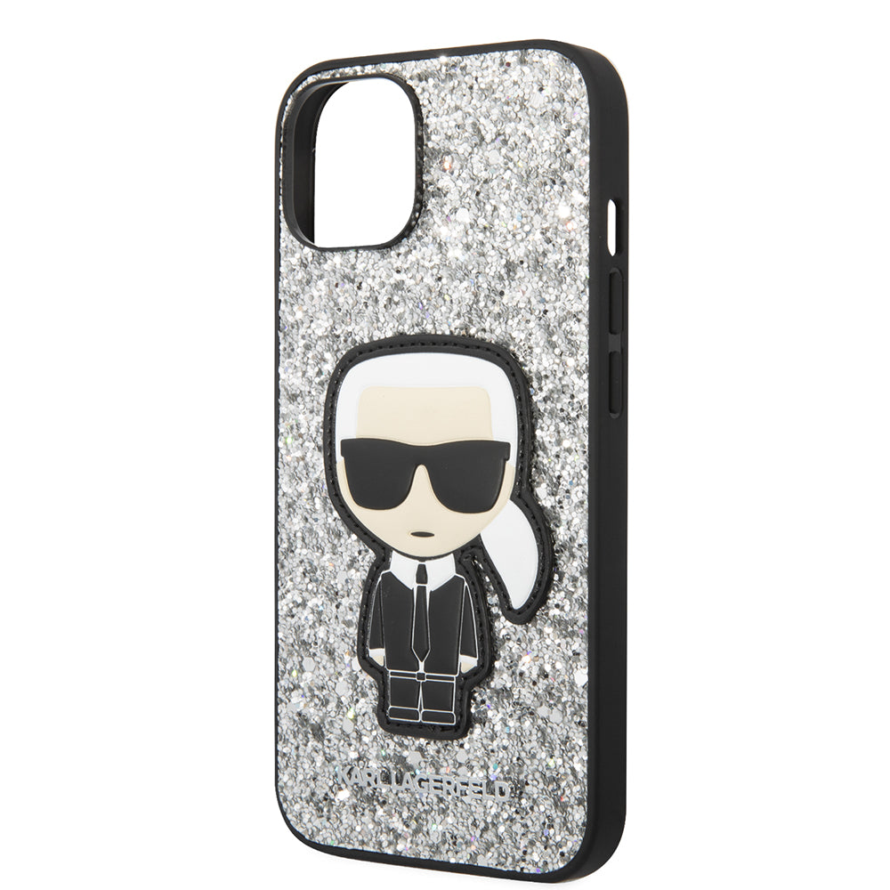 Fodral för Apple iPhone 14, Karl Lagerfeld, Glitter Flakes Ikonik Karl, Silver