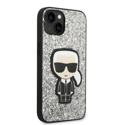 Fodral för Apple iPhone 14, Karl Lagerfeld, Glitter Flakes Ikonik Karl, Silver