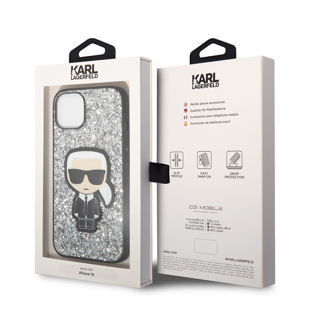 Fodral för Apple iPhone 14, Karl Lagerfeld, Glitter Flakes Ikonik Karl, Silver