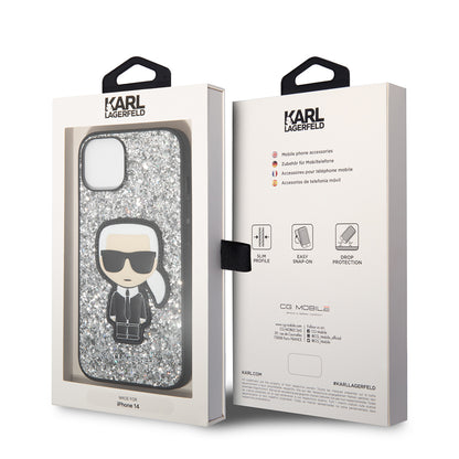 Fodral för Apple iPhone 14, Karl Lagerfeld, Glitter Flakes Ikonik Karl, Silver