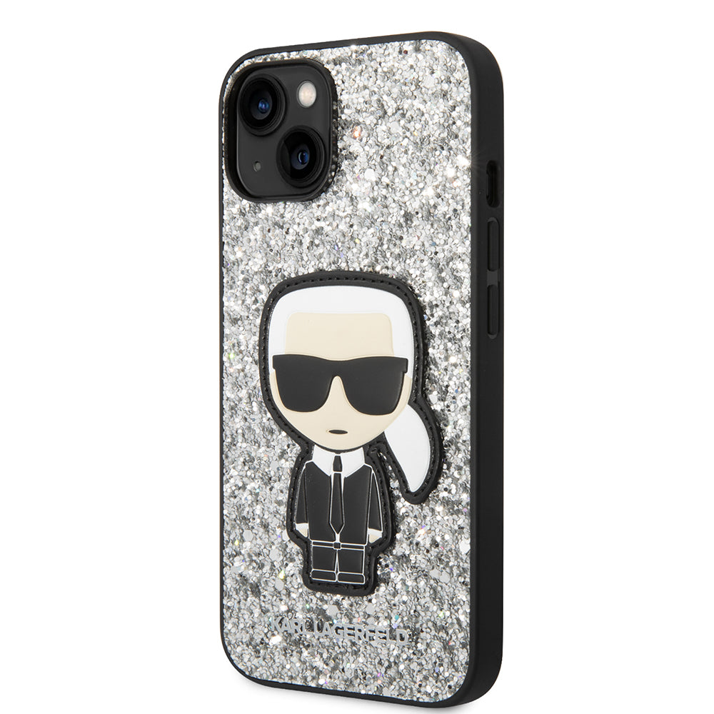 Fodral för Apple iPhone 14, Karl Lagerfeld, Glitter Flakes Ikonik Karl, Silver