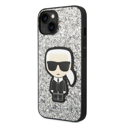 Fodral för Apple iPhone 14, Karl Lagerfeld, Glitter Flakes Ikonik Karl, Silver