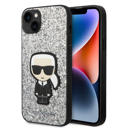 Fodral för Apple iPhone 14 Plus, Karl Lagerfeld, Glitter Flakes Ikonik Karl, Silver